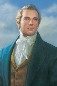 Portrait (full figure) of Joseph Smith, Jr. The Prophet is depicted standing on the grounds of the Kirtland Temple. He is holding a copy of the Book of Mormon. The Kirtland Temple is visible in the background. There are clouds in the sky.