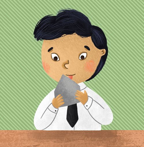 男孩用舌头舔信封封口