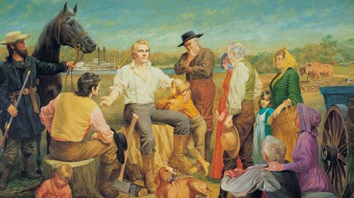 Painting depicts Joseph Smith teaching a group of men, women and children in Nauvoo.