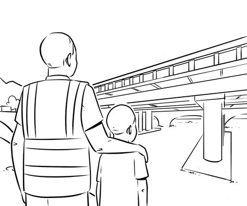 illustration of man and child looking at bridge