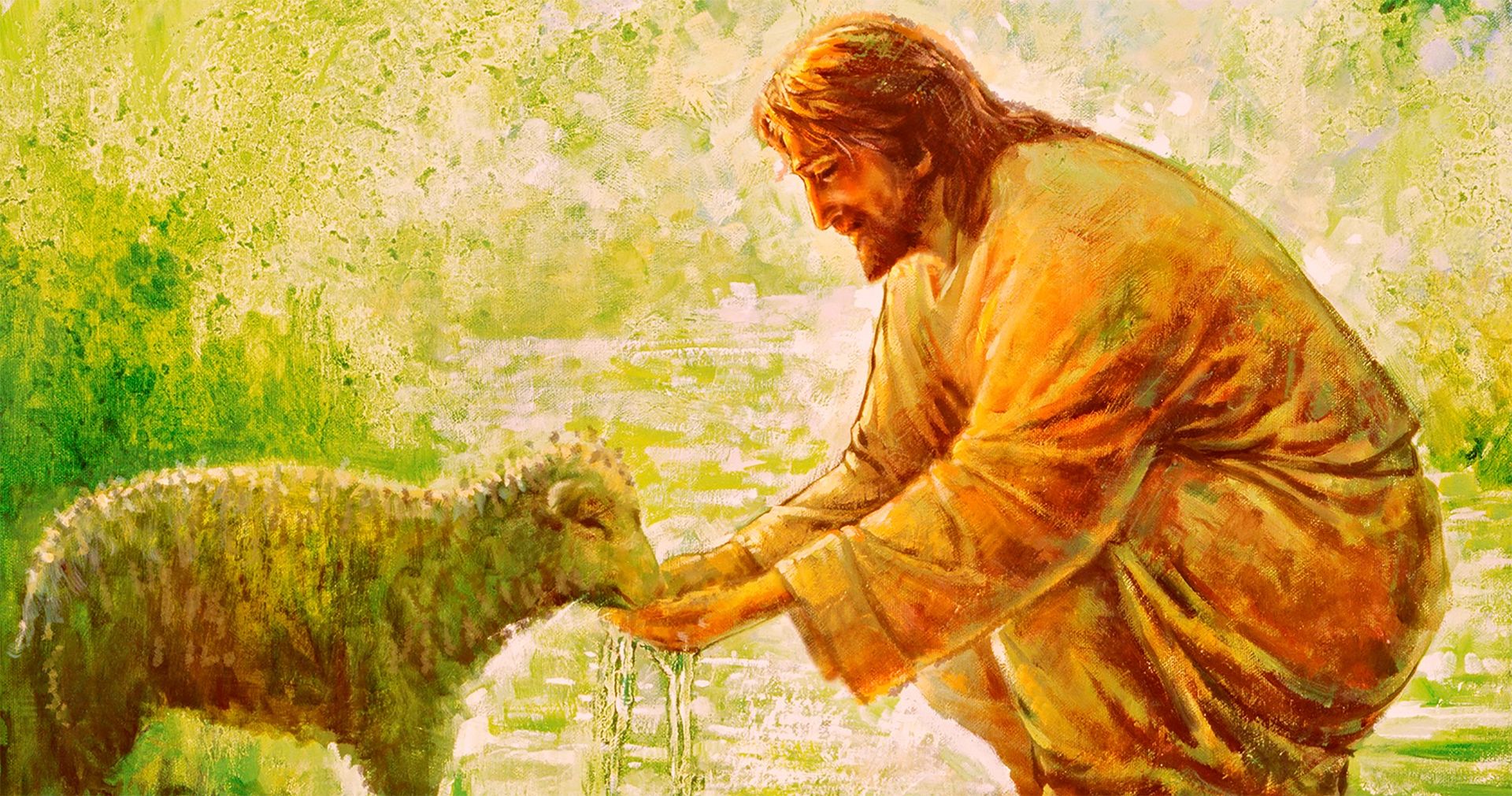 Christ gives water to a thirsty lamb.