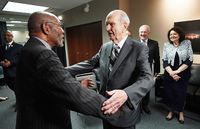President Russell M. Nelson of The Church of Jesus Christ of Latter-day Saints embraces the Reverend Amos C. Brown at the 110th annual national convention for the National Association for the Advancement of Colored People in Detroit on Sunday, July 21, 2019.