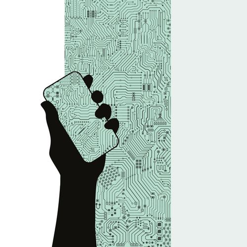 hand holding a smartphone with a circuit board on the screen