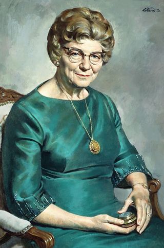 A painted portrait by Alvin Gittins of LaVern Watts Parmley against a gray background, sitting in an upholstered chair, wearing a teal dress and a gold necklace.