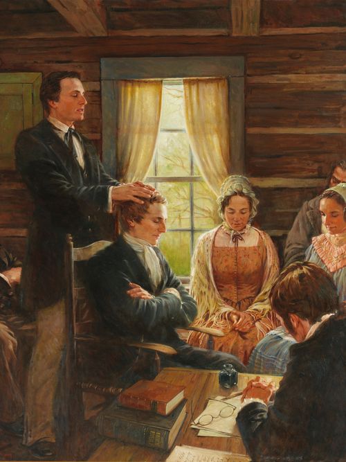 Painting depicts Oliver Cowdery ordaining Joseph Smith in the Whitmer farm home on the day the Church was organized, April 6, 1830.