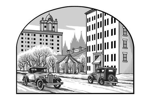 雪景色の中のソルトレーク・シティー中心部と1920年代の自動車