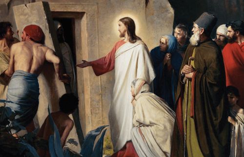 Jesus fora do sepulcro com a mão estendida