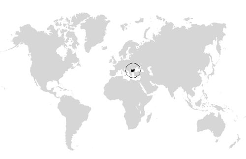 mapa del mundo con un círculo alrededor de Bulgaria