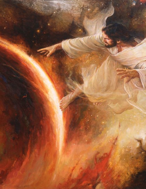 One oil on wood panel painting of the creation of the earth and the heavens.  a large red orb is at left with Christ in white robes at left.  His robes and hair are billowing around him as though in a great wind.  He is barefoot and has both hands stretched out toward the orb.