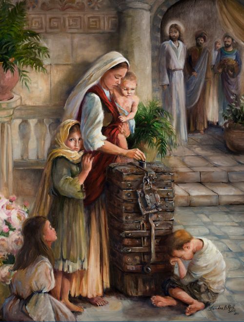 A painting of a woman with children putting money into a box, with Jesus and others watching in the background.