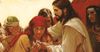 Pintura de uma mulher a examinar a mão de Jesus entre os observadores.