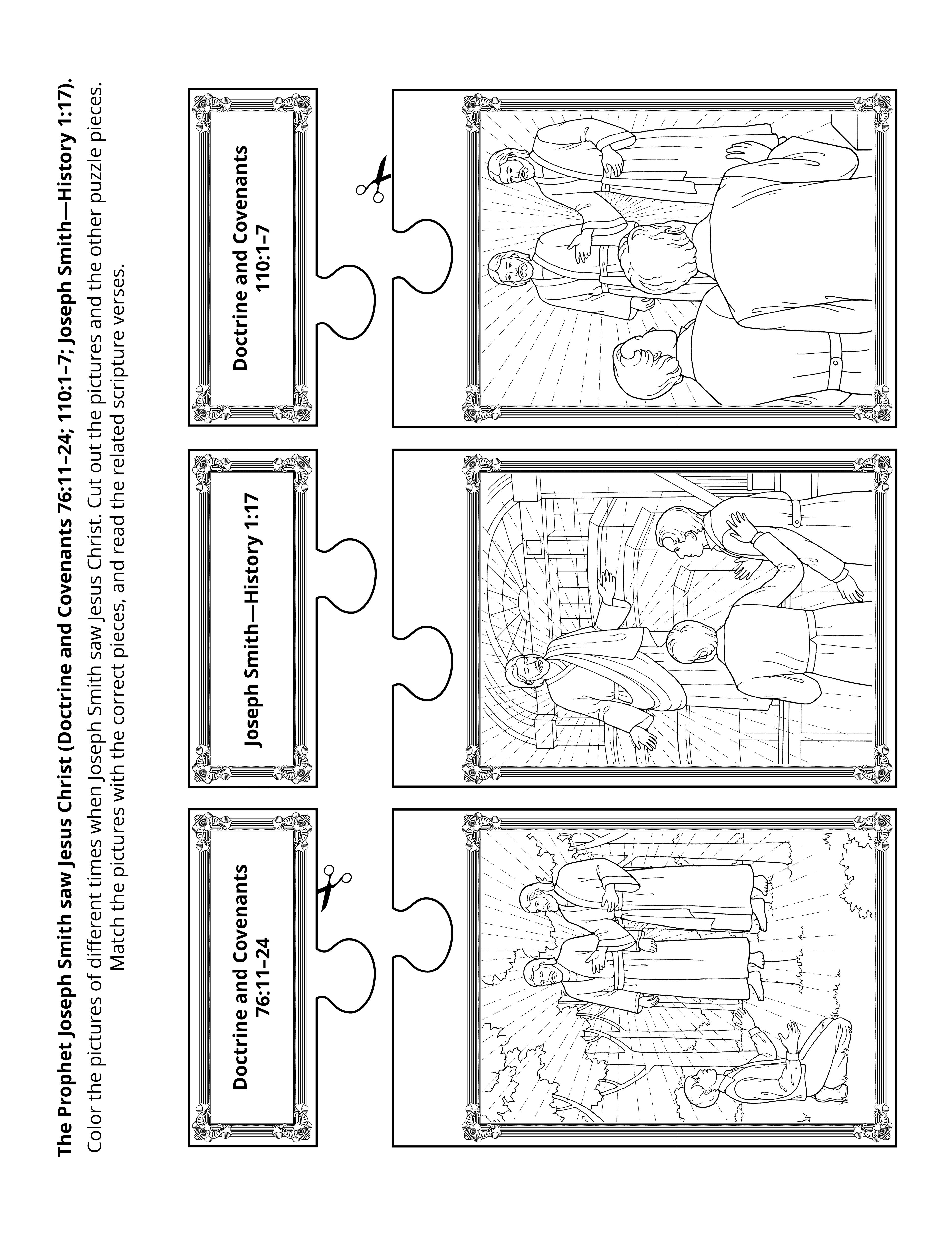 Line art illustration of key events in life of Joseph Smith.