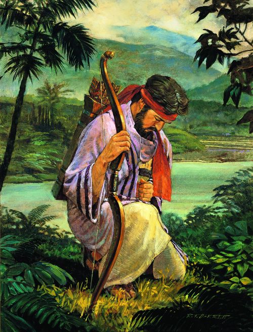Enos kneeling in prayer in a forest landscape. He is carrying a hunting bow and arrows.