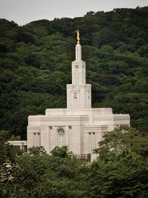 Daytime exterior shot of the Panama City Panama Temple, July 2008.  The temple was dedicated August 10, 2008.