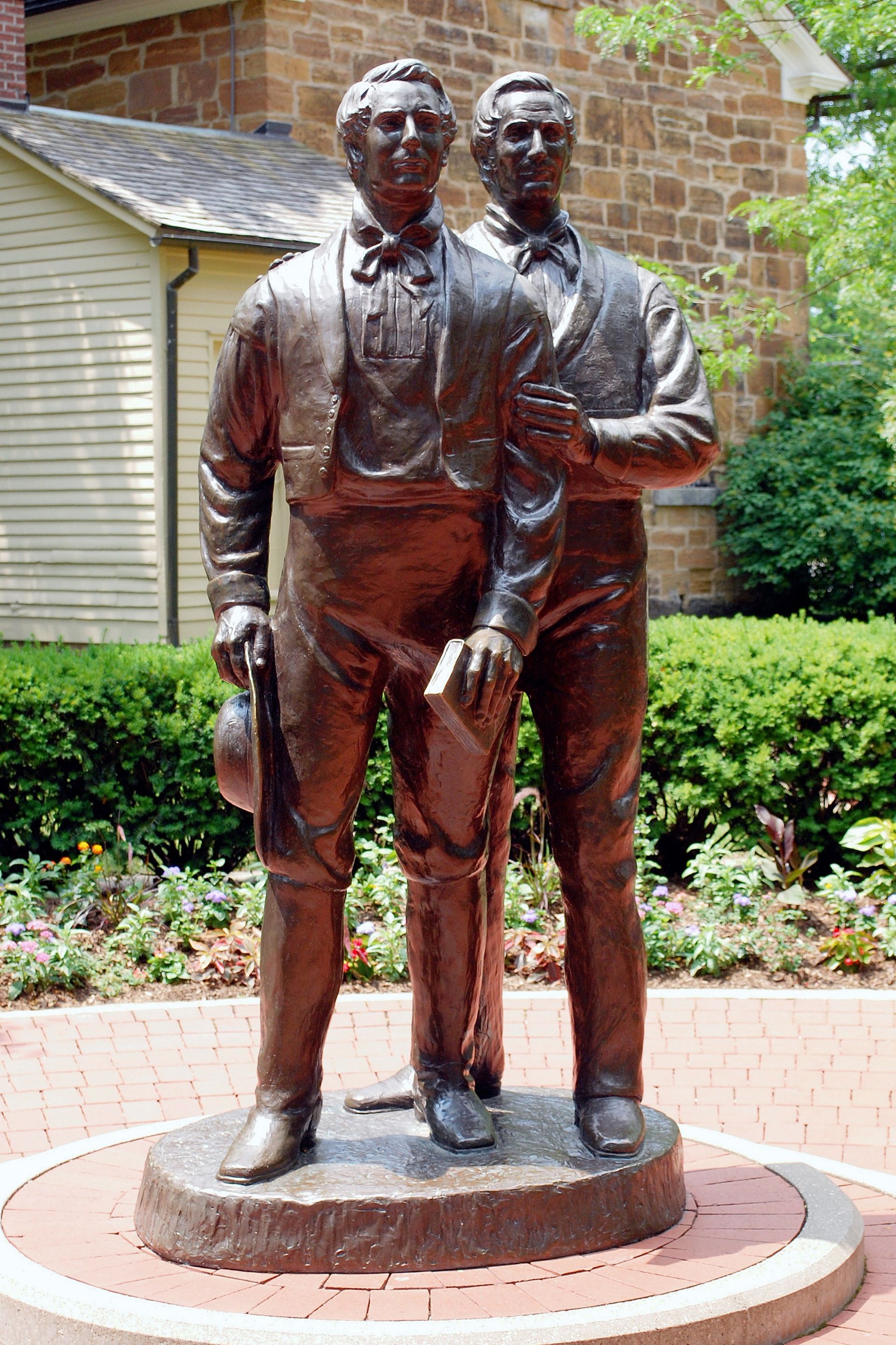 A statue of Joseph and Hyrum Smith by Carthage Jail in Illinois.