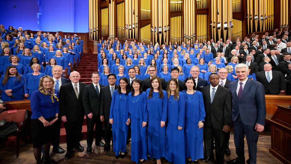 Bishop Gerald Causse visits with the individuals who were global participants with the choir during General Conference, April 1-2, 2023.
