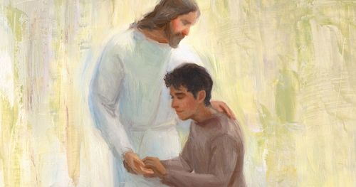 A Hispanic man gives the Savior, Jesus Christ, a hug. Christ is wearing a white robe.