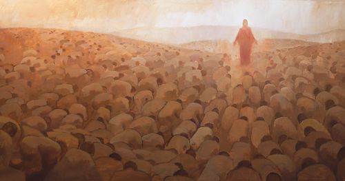 Krishti me rrobë të kuqe i rrethuar nga njerëz të gjunjëzuar