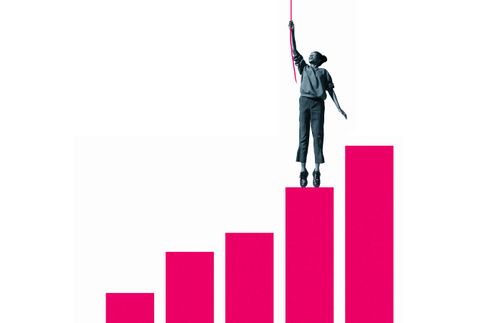 woman hanging from rope over pink bar graph