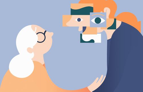 an elderly woman reaches up her hand toward her unrecognizable adult daughter