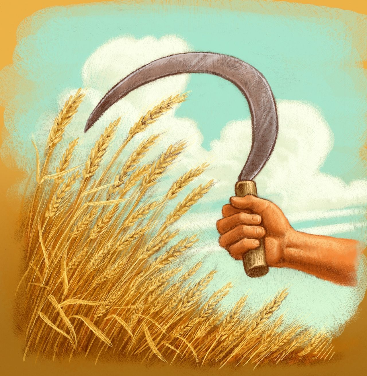 An illustration of a hand holding a sickle, prepared to harvest wheat.