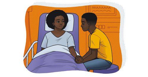 young man with mother in a hospital bed