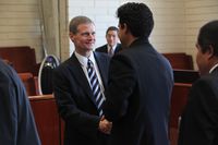 Photos taken during Elder David A. Bednar and Neil L. Andersen’s visit to Mexico in April 2012.

Elder Bednar shaking hands at a Priesthood Leadership Conference in Puebla Mexico.
