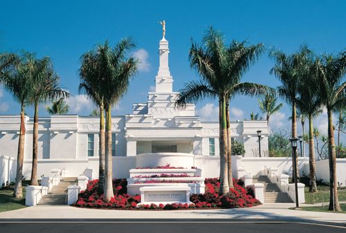 The front of the Kona Hawaii Temple, with a row of palm trees and beds of bright red flowers in the foreground.