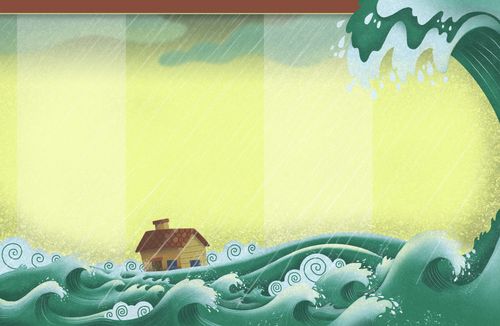 a small house is surrounded by water