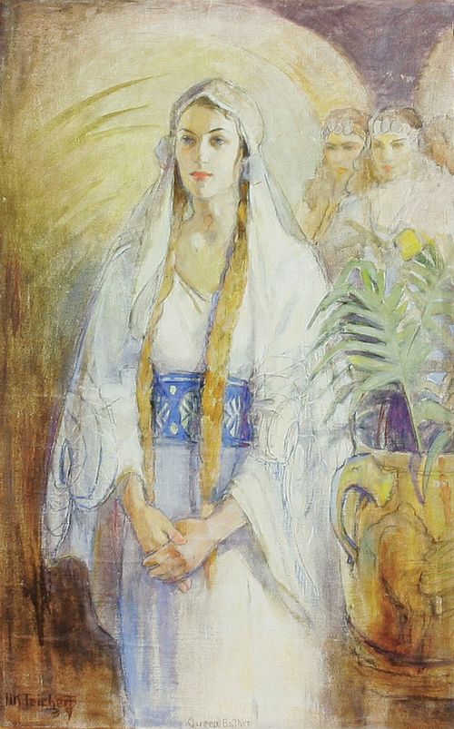 A painting by Minerva Kohlhepp Teichert of Queen Esther in white and blue clothing with her hair in two golden braids.