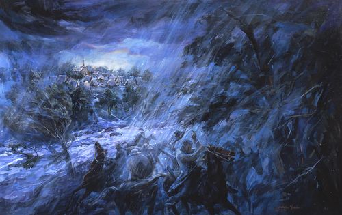 A painting by Judith A. Mehr depicting a mob on horseback caught in a severe thunderstorm as they attempt to attack Zion’s Camp.