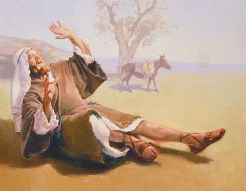 A painting by Sam Lawlor showing Saul lying on the ground blinded by the light shining from overhead.