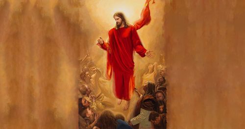 “He Comes Again to Rule and Reign” by Mary R. Sauer. Jesus Christ is descending to Earth at his Second Coming. There are men, women, and children surrounding him. He is wearing a red robe and is looking down at those who are gathering.