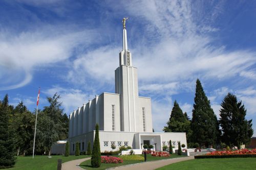 A view from the front of the Bern Switzerland Temple, with green trees on the grounds and blue sky and white clouds in the background.