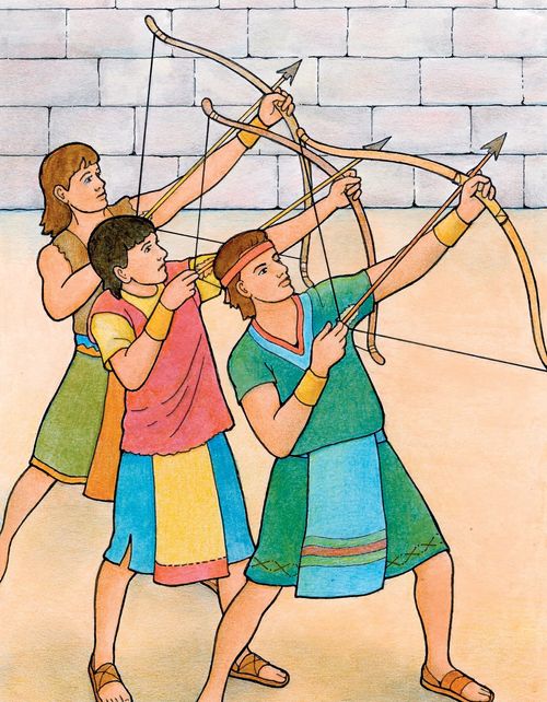 An illustration of three Nephites shooting arrows upward next to a brick wall.