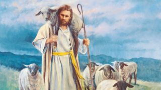 Jesus Christ depicted as the Good Shepherd. Christ is portrayed with a small herd of sheep. He is carrying a sheep (or lamb) over His shoulders. Christ is also carrying a staff in His hands.