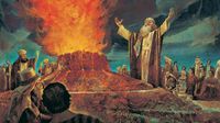 The Old Testament prophet Elijah standing next to an altar. Elijah has his arms extended as he commands fire from heaven to consume the altar.