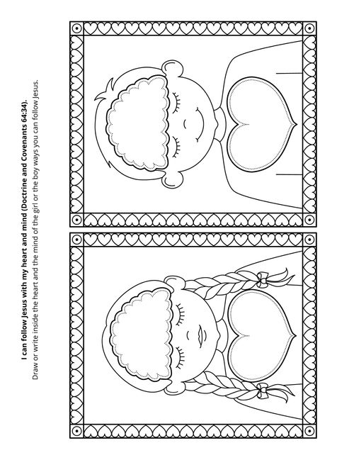 Line art illustration depicts a boy and girl with emphasis to follow Jesus with heart and mind.