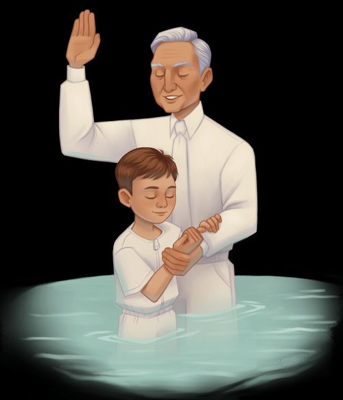 Elderly man baptizing boy