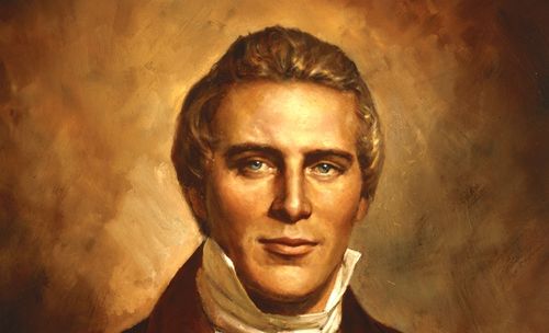 A portrait by Del Parson of President Joseph Smith Jr. in a white shirt and brown suit against a brown background.