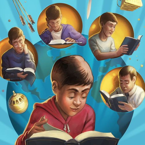 Ein Junge liest in verschiedenen Situationen im Buch Mormon