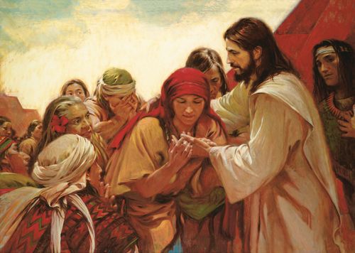 A painting of Jesus Christ showing the wounds in His hands to Nephites in the Americas.