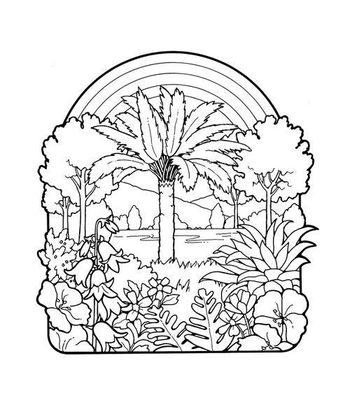 A black-and-white illustration of the Creation, including plants, a tree, and a rainbow.