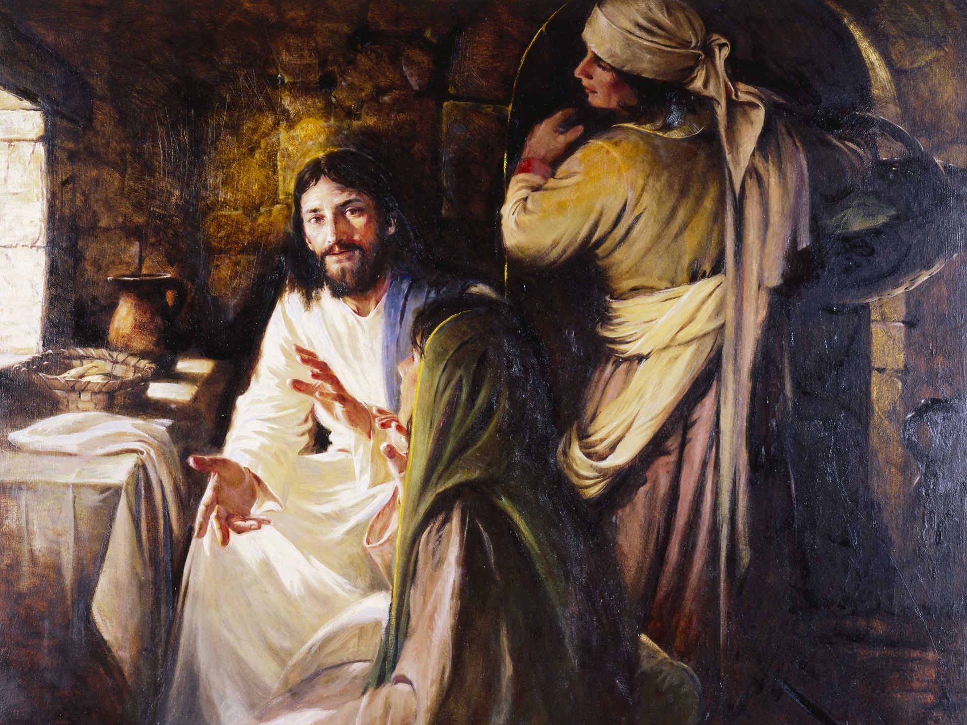Jesus Christ depicted sitting in the home of Mary and Martha. Mary is listening to Christ as Martha is holding a tray or serving item.