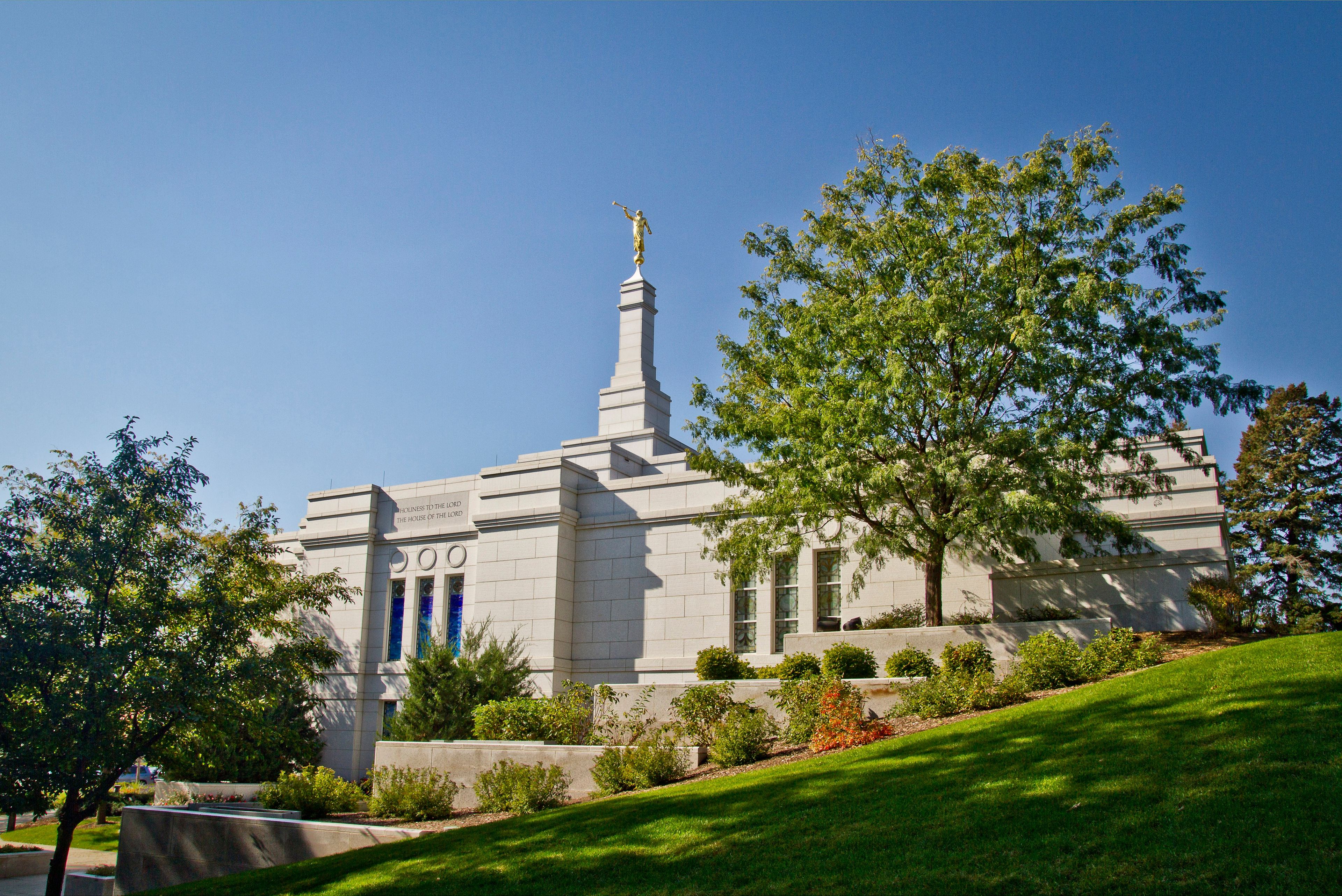 The east side of the Winter Quarters Nebraska Temple, including the scenery, spire, and windows.