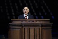 President Dallin H. Oaks of the First Presidency of The Church of Jesus Christ of Latter-day Saints speaks to students in the Marriott Center at Brigham Young University on October 27, 2020.