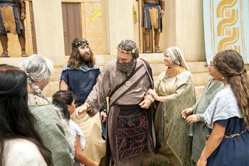 King Benjamin greets the Nephites on the steps of the temple in the Land of Zarahemla.