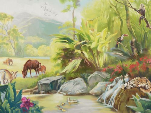 Painting depicts the lush beauty of the Garden of Eden and the peace among the animals.