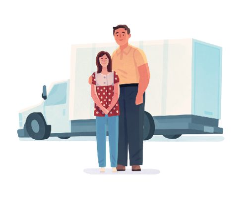 father, daughter, and truck