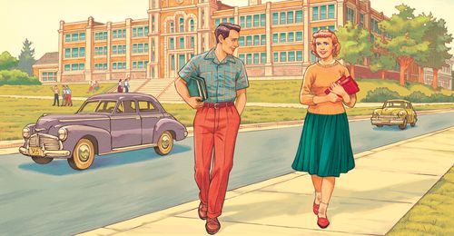 young man and young woman walking in front of school